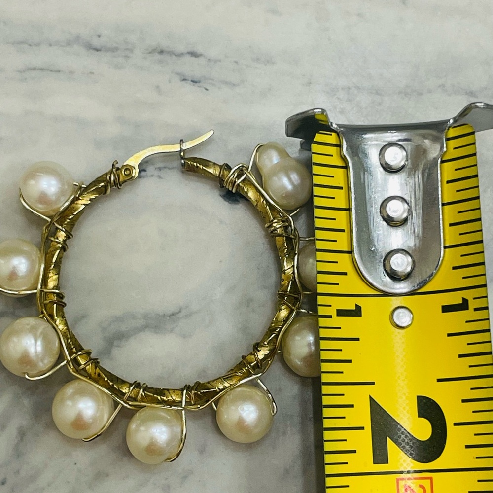 Handmade Pearl Hoop Earrings Gold Tone Artisan Wire Wrapped Statement Jewelry - Picture 6 of 14